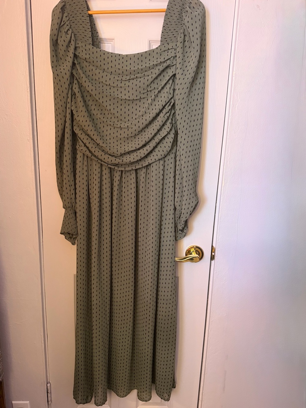 Three Bird Nest Long Sleeve Olive Green Maxi Dress with Drape Front
